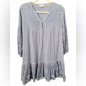 RubyYaya Blue Gray Pintuck Lace Hem Tunic Dress Size Small Boho